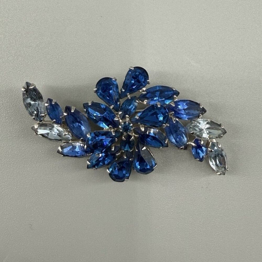 Vintage WEISS Blue Rhinestone Brooch Floral Spray Pin Silver Tone Navette Glass